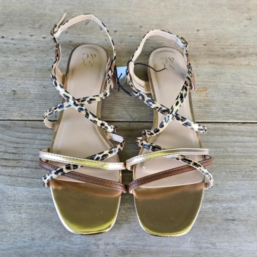 New York & Company Y2K Coastal Boho Revival Metallic Strappy Flat Sandals 8M